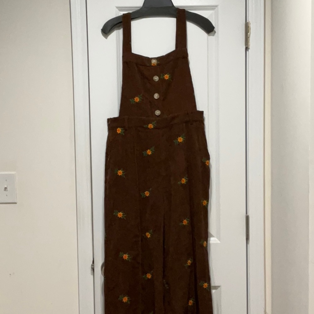 Cider Ditsy Floral Corduroy Jumpsuit Overalls Brown Medium Pockets New